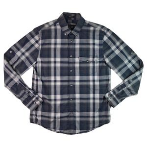 Express Medium Mens Shirt Modern Fit Gray Plaid Button‎ Up Collared 15-15.5 neck